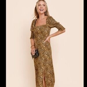 Anthropologie Blue Rain‎ Maxine Leopard Midi Dress with Front Slit